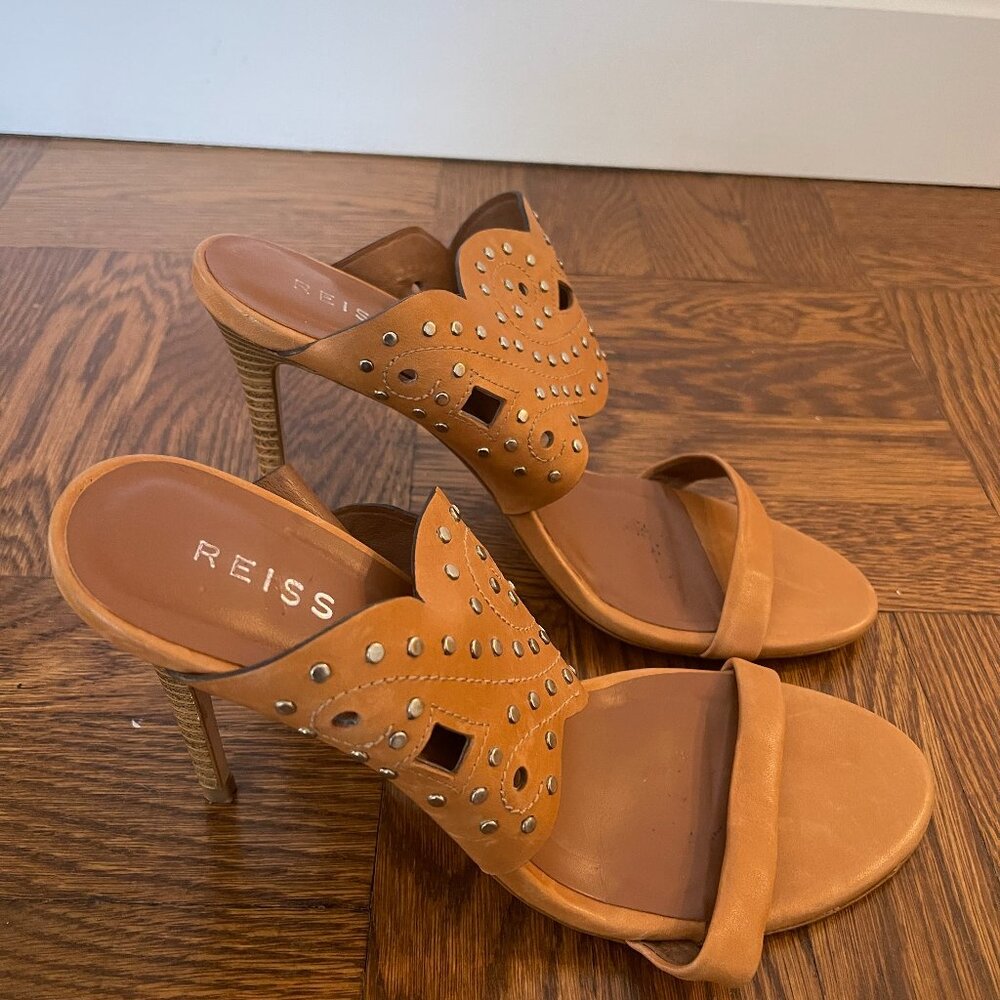 Reiss Heeled Sandals, Tan with Rhinestones, Size 8.5